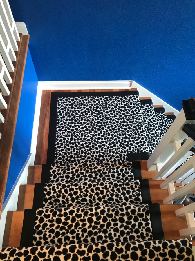 Animal print runner with blue walls. 
